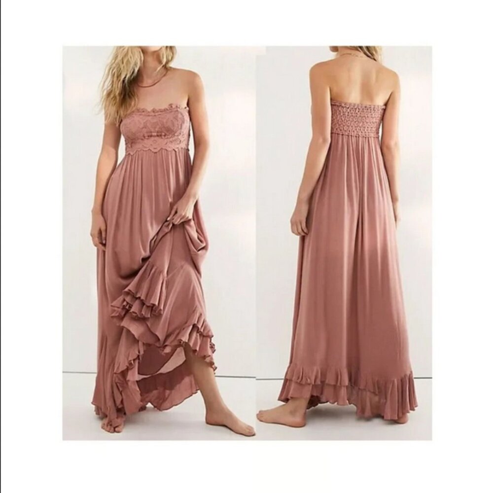 Free People Adella Corset Maxi Dress Pink Lace Ruffle Summer Smocked S